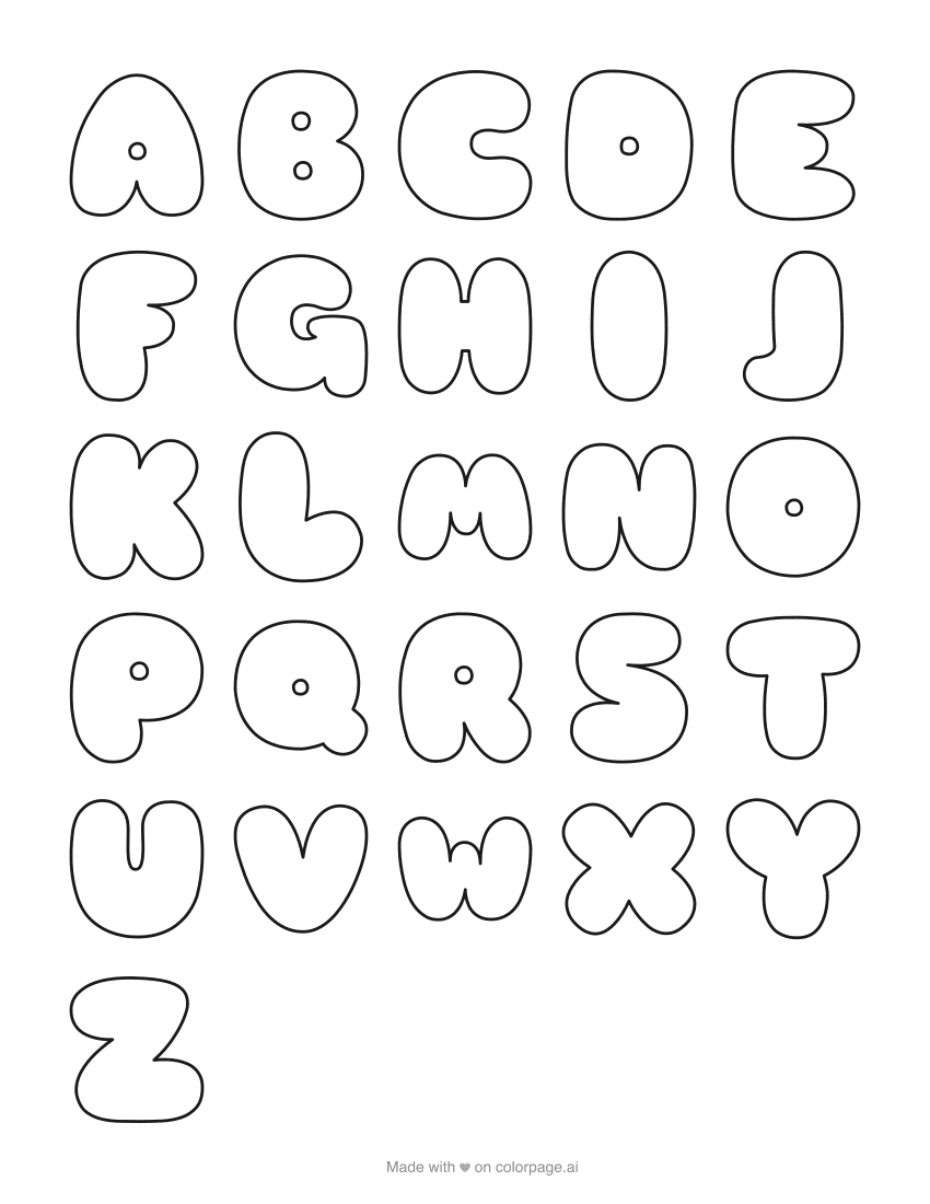 Printable bubble letters A to Z on one sheet, outlined for coloring