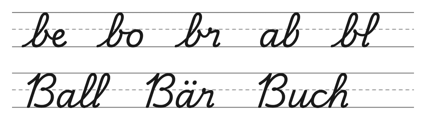 Verbindungen mit b in Schreibschrift (be, bo, br, ab, bl) und Wörter zum Üben: Ball, Bär, Buch