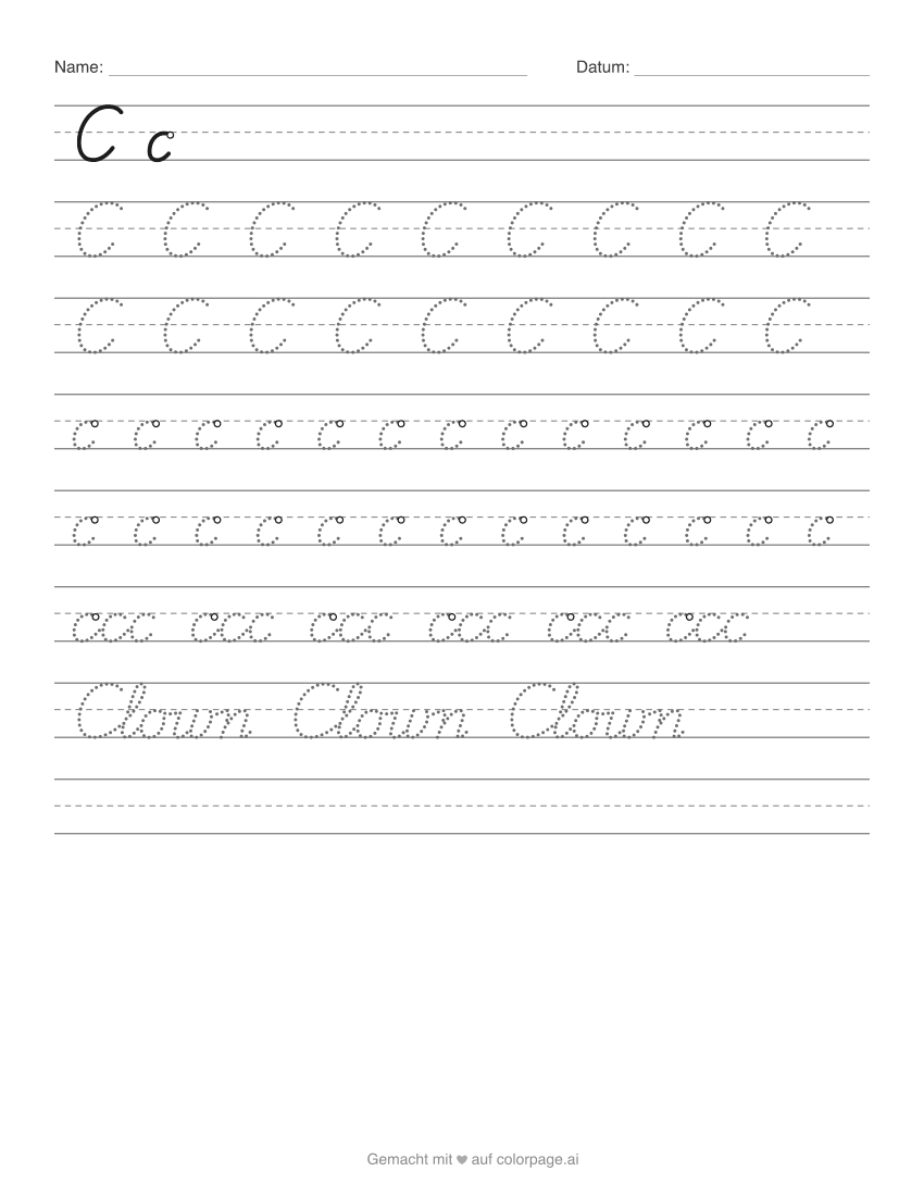 Arbeitsblatt zum Ausdrucken: C in Schreibschrift mit großem und kleinem c zum Nachspuren