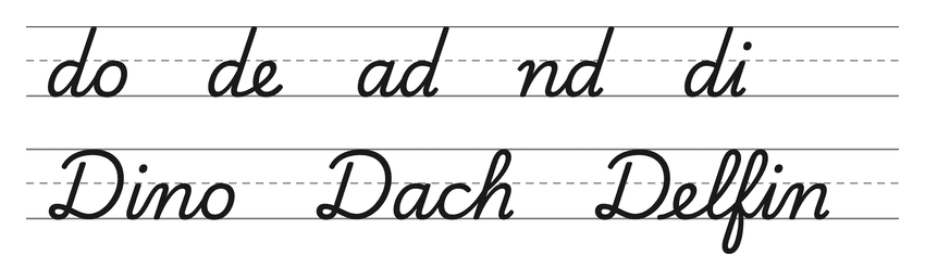Verbindungen mit d in Schreibschrift (do, de, ad, nd, di) und Wörter zum Üben: Dino, Dach, Delfin