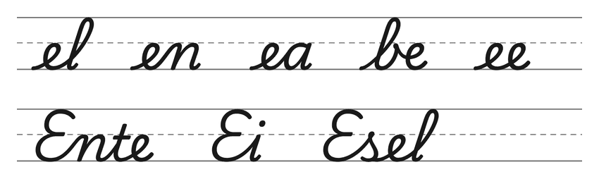 Verbindungen mit e in Schreibschrift (el, en, ea, be, ee) und Wörter zum Üben: Ente, Ei, Esel