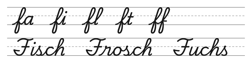 Verbindungen mit f in Schreibschrift (fa, fi, fl, ft, ff) und Wörter zum Üben: Fisch, Frosch, Fuchs