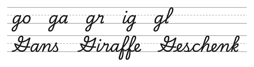 Verbindungen mit g in Schreibschrift (go, ga, gr, ig, gl) und Wörter zum Üben: Gans, Giraffe, Geschenk