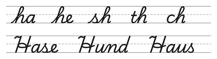 Verbindungen mit h in Schreibschrift (ha, he, sh, th, ch) und Wörter zum Üben: Hase, Hund, Haus