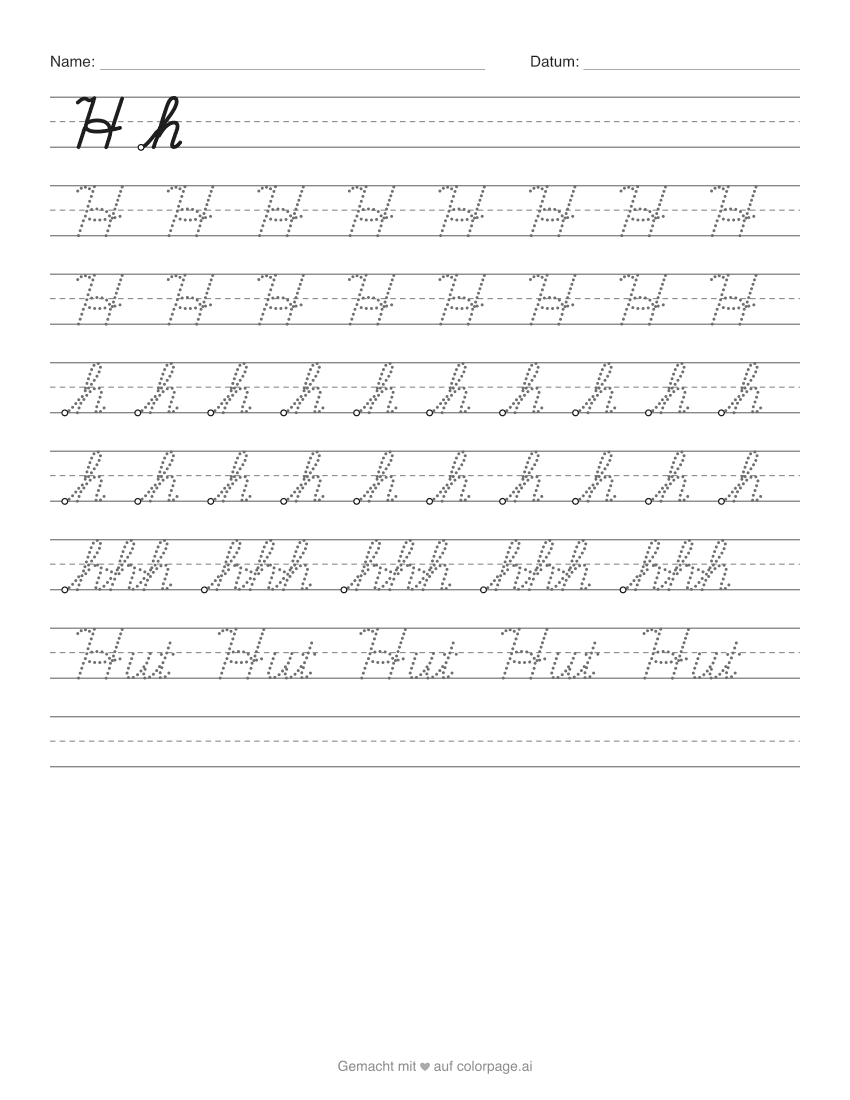 Arbeitsblatt zum Ausdrucken: H in Schreibschrift mit großem und kleinem h zum Nachspuren