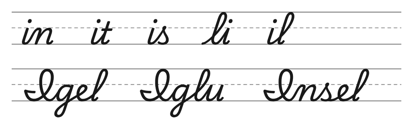 Verbindungen mit i in Schreibschrift (in, it, is, li, il) und Wörter zum Üben: Igel, Iglu, Insel