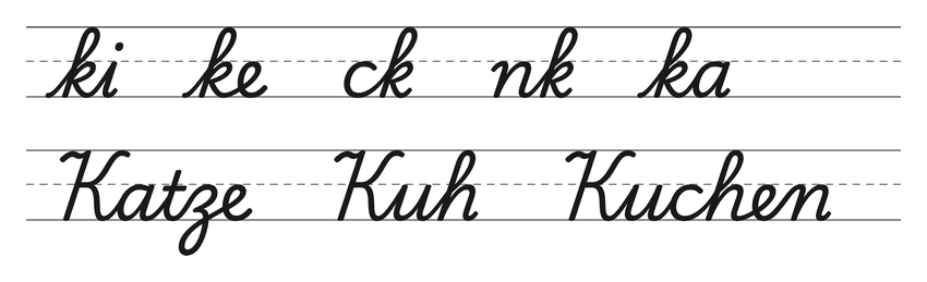 Verbindungen mit k in Schreibschrift (ki, ke, ck, nk, ka) und Wörter zum Üben: Katze, Kuh, Kuchen