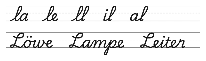 Verbindungen mit l in Schreibschrift (la, le, ll, il, al) und Wörter zum Üben: Löwe, Lampe, Leiter