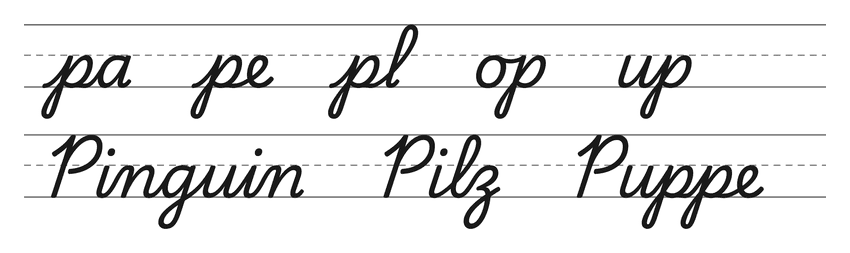 Verbindungen mit p in Schreibschrift (pa, pe, pl, op, up) und Wörter zum Üben: Pinguin, Pilz, Puppe