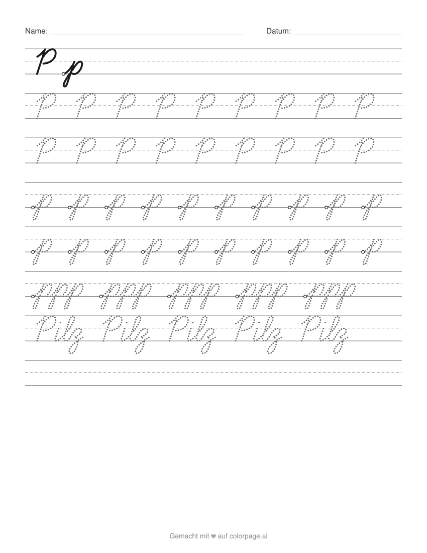 Arbeitsblatt zum Ausdrucken: P in Schreibschrift mit großem und kleinem p zum Nachspuren