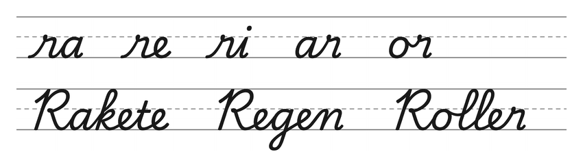 Verbindungen mit r in Schreibschrift (ra, re, ri, ar, or) und Wörter zum Üben: Rakete, Regen, Roller