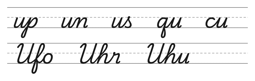 Verbindungen mit u in Schreibschrift (up, un, us, qu, cu) und Wörter zum Üben: Ufo, Uhr, Uhu