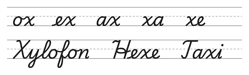 Verbindungen mit x in Schreibschrift (ox, ex, ax, xa, xe) und Wörter zum Üben: Xylofon, Hexe, Taxi