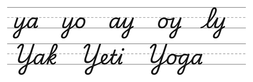 Verbindungen mit y in Schreibschrift (ya, yo, ay, oy, ly) und Wörter zum Üben: Yak, Yeti, Yoga