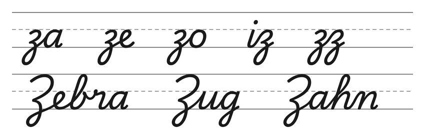 Verbindungen mit z in Schreibschrift (za, ze, zo, iz, zz) und Wörter zum Üben: Zebra, Zug, Zahn