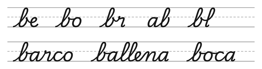 Enlaces en cursiva con la b (be, bo, br, ab, bl) y palabras para practicar: barco, ballena, boca