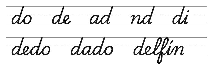 Enlaces en cursiva con la d (do, de, ad, nd, di) y palabras para practicar: dedo, dado, delfín