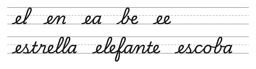 Enlaces en cursiva con la e (el, en, ea, be, ee) y palabras para practicar: estrella, elefante, escoba