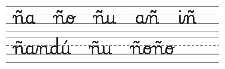 Enlaces en letra ligada con la ñ (ña, ño, ñu, añ, iñ) y palabras para practicar: ñandú, ñu, ñoño