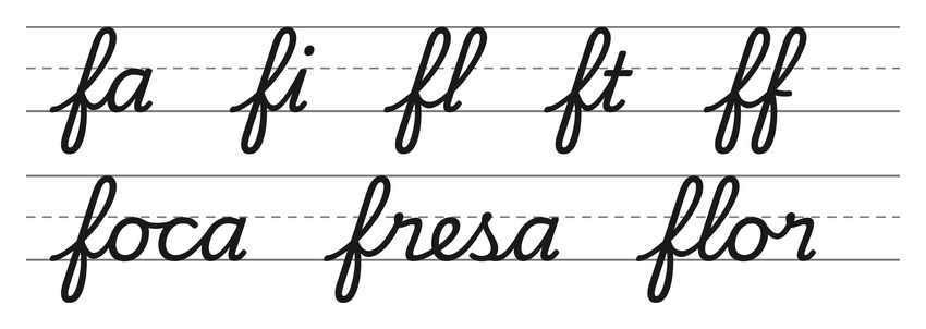 Enlaces en cursiva con la f (fa, fi, fl, ft, ff) y palabras para practicar: foca, fresa, flor