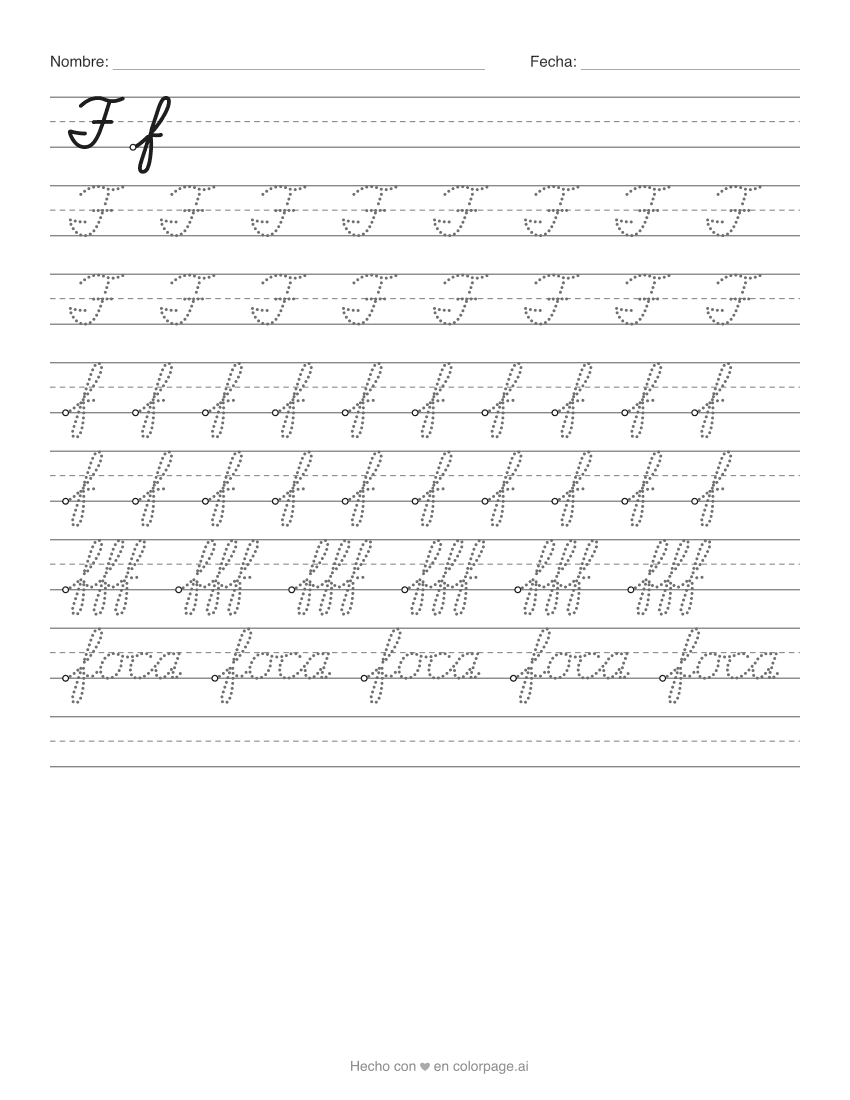 Ficha de la F en cursiva para imprimir con la f mayúscula y minúscula para repasar