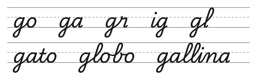 Enlaces en cursiva con la g (go, ga, gr, ig, gl) y palabras para practicar: gato, globo, gallina