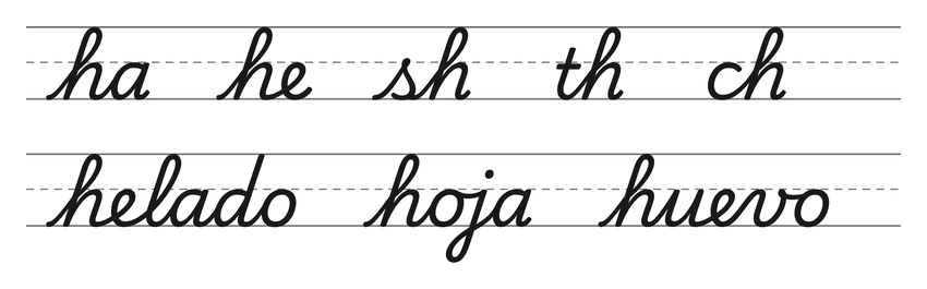 Enlaces en cursiva con la h (ha, he, sh, th, ch) y palabras para practicar: helado, hoja, huevo