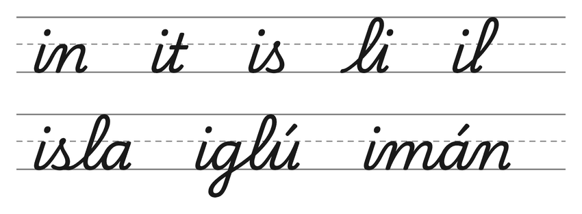 Enlaces en cursiva con la i (in, it, is, li, il) y palabras para practicar: isla, iglú, imán