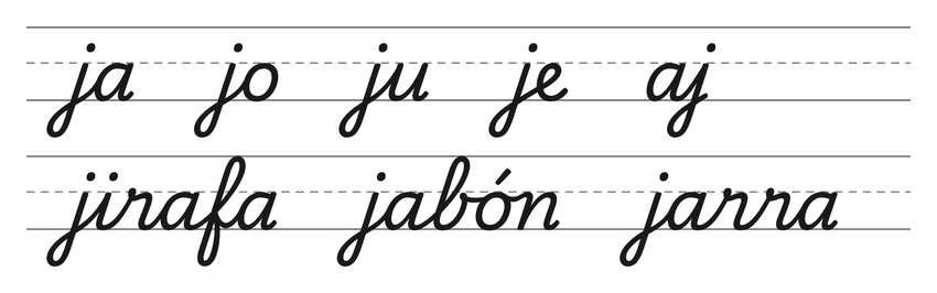 Enlaces en cursiva con la j (ja, jo, ju, je, aj) y palabras para practicar: jirafa, jabón, jarra