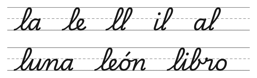 Enlaces en cursiva con la l (la, le, ll, il, al) y palabras para practicar: luna, león, libro