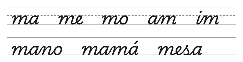 Enlaces en cursiva con la m (ma, me, mo, am, im) y palabras para practicar: mano, mamá, mesa