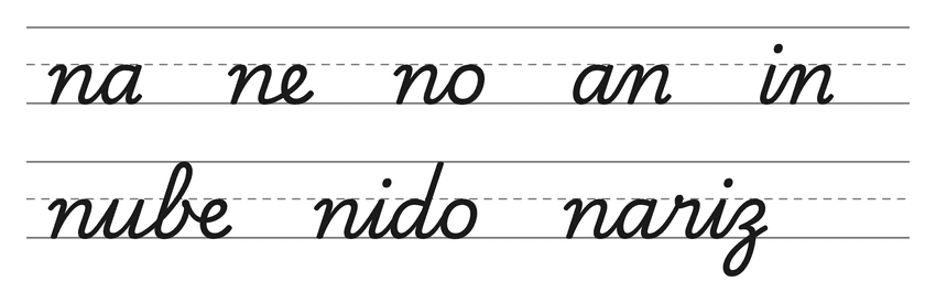 Enlaces en cursiva con la n (na, ne, no, an, in) y palabras para practicar: nube, nido, nariz