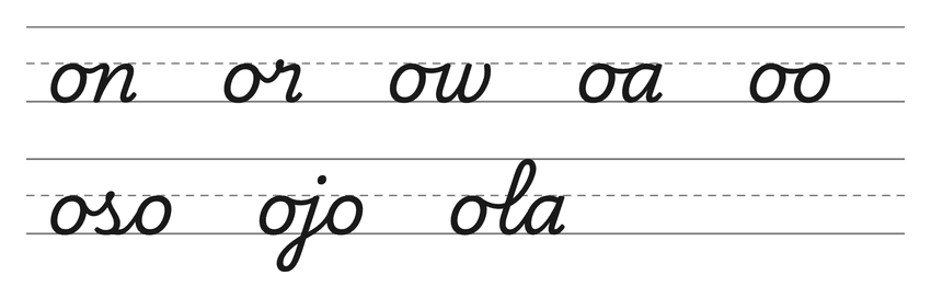 Enlaces en cursiva con la o (on, or, ow, oa, oo) y palabras para practicar: oso, ojo, ola