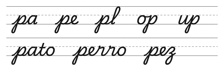 Enlaces en cursiva con la p (pa, pe, pl, op, up) y palabras para practicar: pato, perro, pez