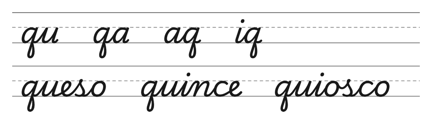 Enlaces en cursiva con la q (qu, qa, aq, iq) y palabras para practicar: queso, quince, quiosco