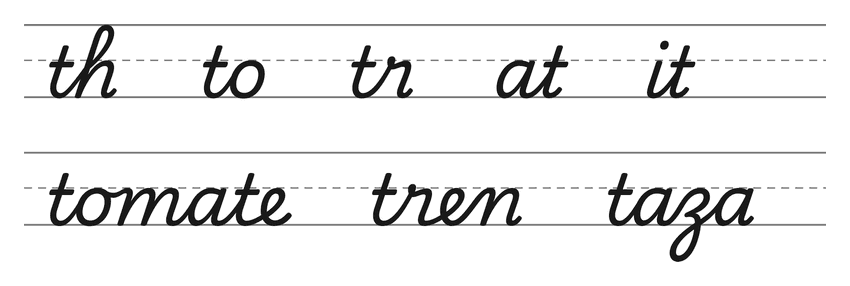 Enlaces en cursiva con la t (th, to, tr, at, it) y palabras para practicar: tomate, tren, taza