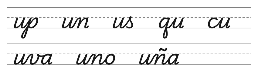 Enlaces en cursiva con la u (up, un, us, qu, cu) y palabras para practicar: uva, uno, uña