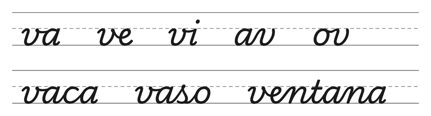 Enlaces en cursiva con la v (va, ve, vi, av, ov) y palabras para practicar: vaca, vaso, ventana
