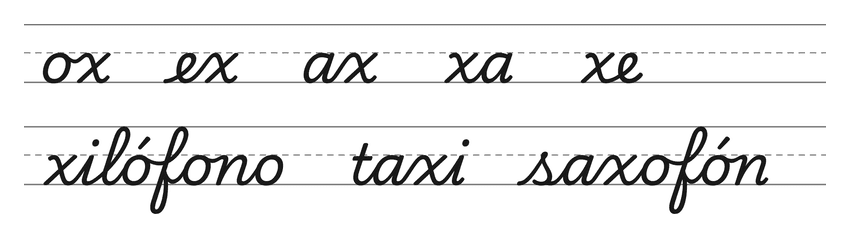 Enlaces en cursiva con la x (ox, ex, ax, xa, xe) y palabras para practicar: xilófono, taxi, saxofón