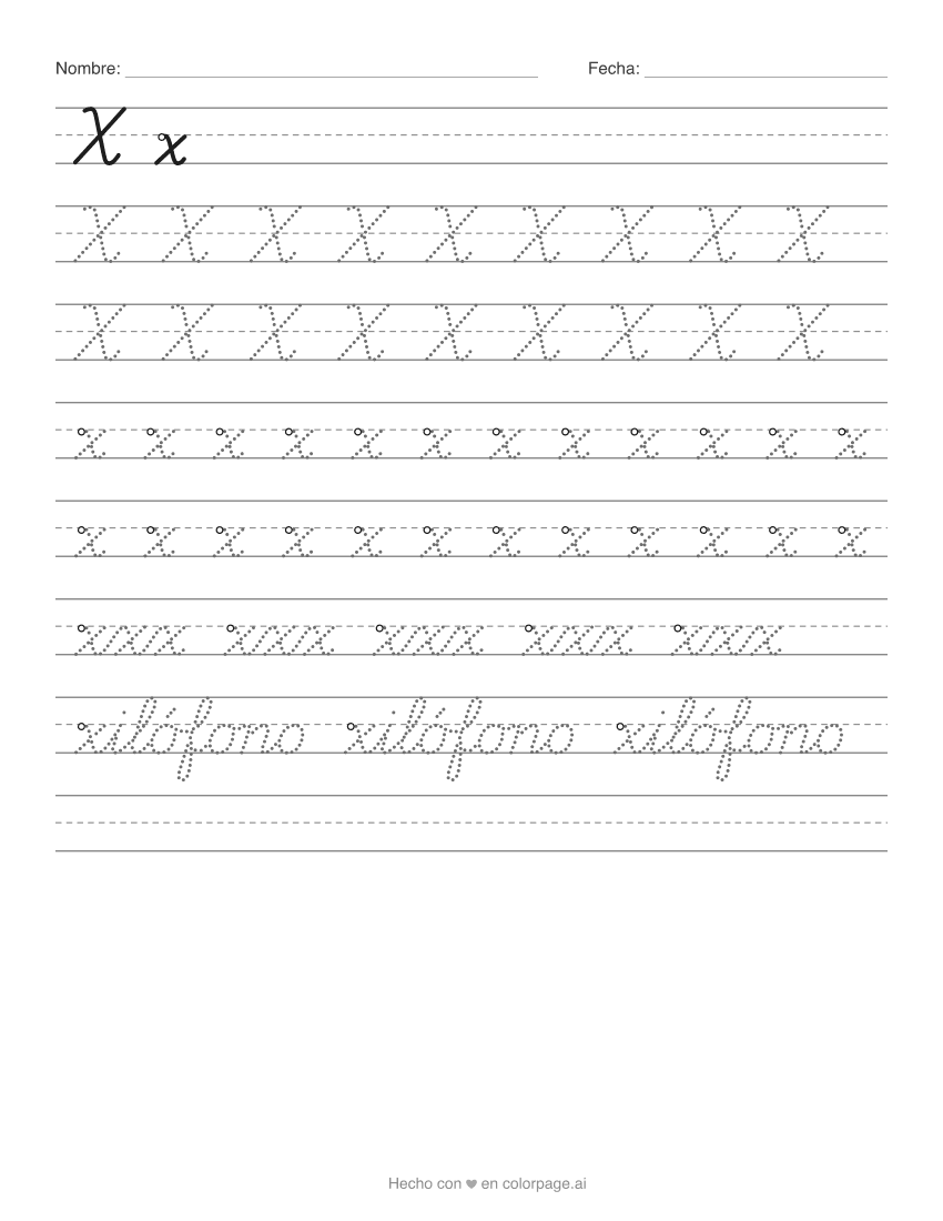 Ficha de la X en cursiva para imprimir con la x mayúscula y minúscula para repasar