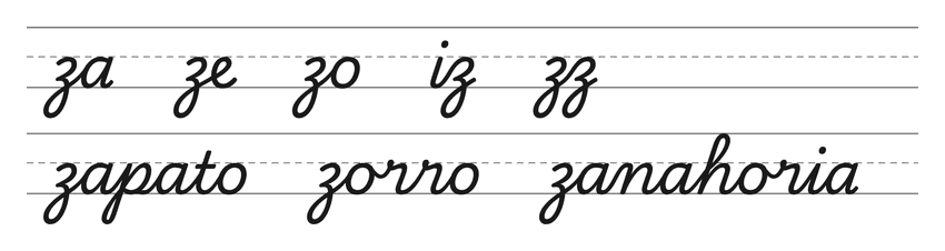Enlaces en cursiva con la z (za, ze, zo, iz, zz) y palabras para practicar: zapato, zorro, zanahoria