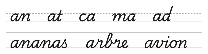 Liaisons en cursive avec le a (an, at, ca, ma, ad) et mots pour s’entraîner : ananas, arbre, avion