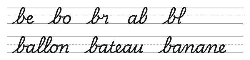 Liaisons en cursive avec le b (be, bo, br, ab, bl) et mots pour s’entraîner : ballon, bateau, banane