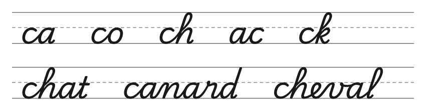 Liaisons en cursive avec le c (ca, co, ch, ac, ck) et mots pour s’entraîner : chat, canard, cheval