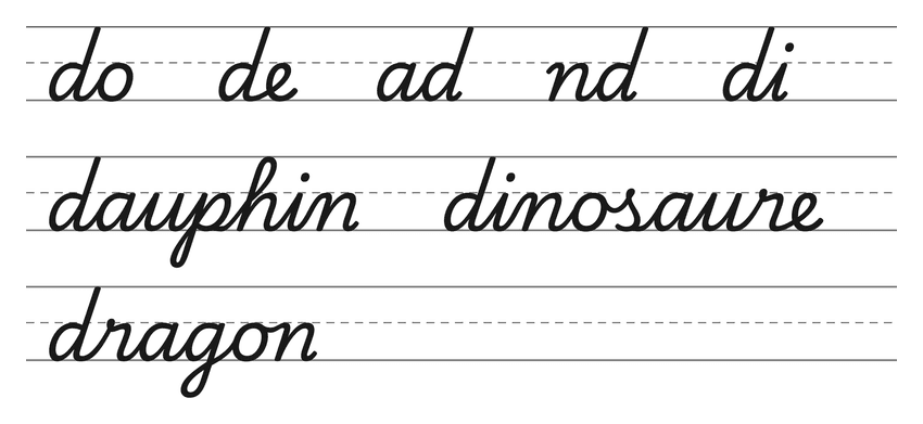 Liaisons en cursive avec le d (do, de, ad, nd, di) et mots pour s’entraîner : dauphin, dinosaure, dragon