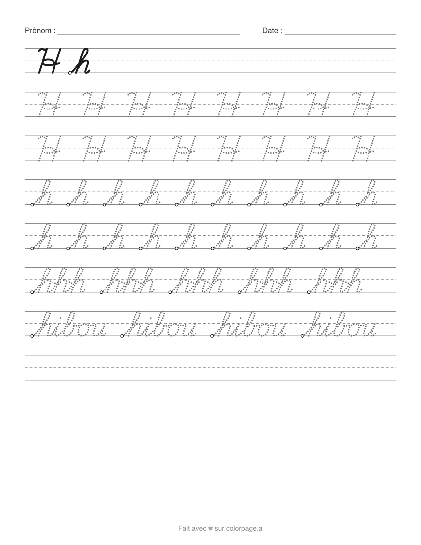 Fiche d’écriture du H en cursive à imprimer, avec le h majuscule et minuscule à repasser