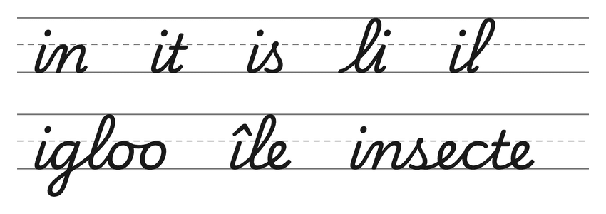 Liaisons en cursive avec le i (in, it, is, li, il) et mots pour s’entraîner : igloo, île, insecte