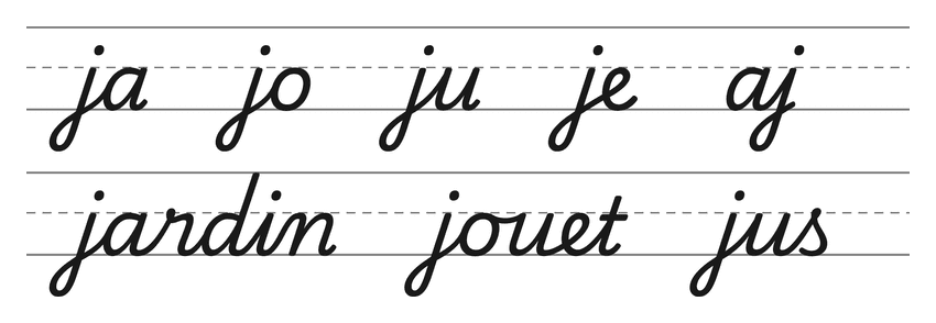 Liaisons en cursive avec le j (ja, jo, ju, je, aj) et mots pour s’entraîner : jardin, jouet, jus