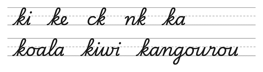 Liaisons en cursive avec le k (ki, ke, ck, nk, ka) et mots pour s’entraîner : koala, kiwi, kangourou