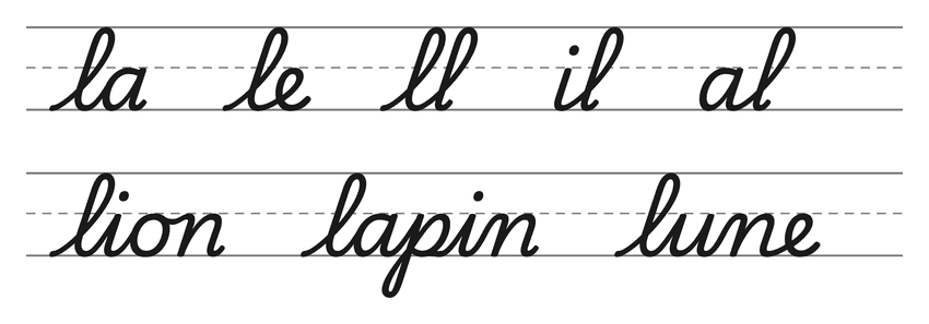 Liaisons en cursive avec le l (la, le, ll, il, al) et mots pour s’entraîner : lion, lapin, lune